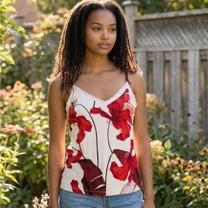 Soma Red Floral Lace Trim Top